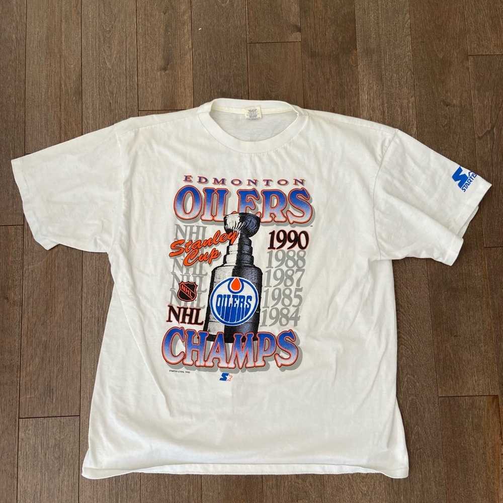 Vintage 1990 Edmonton oilers Stanley cup champs starter t shirt size XL